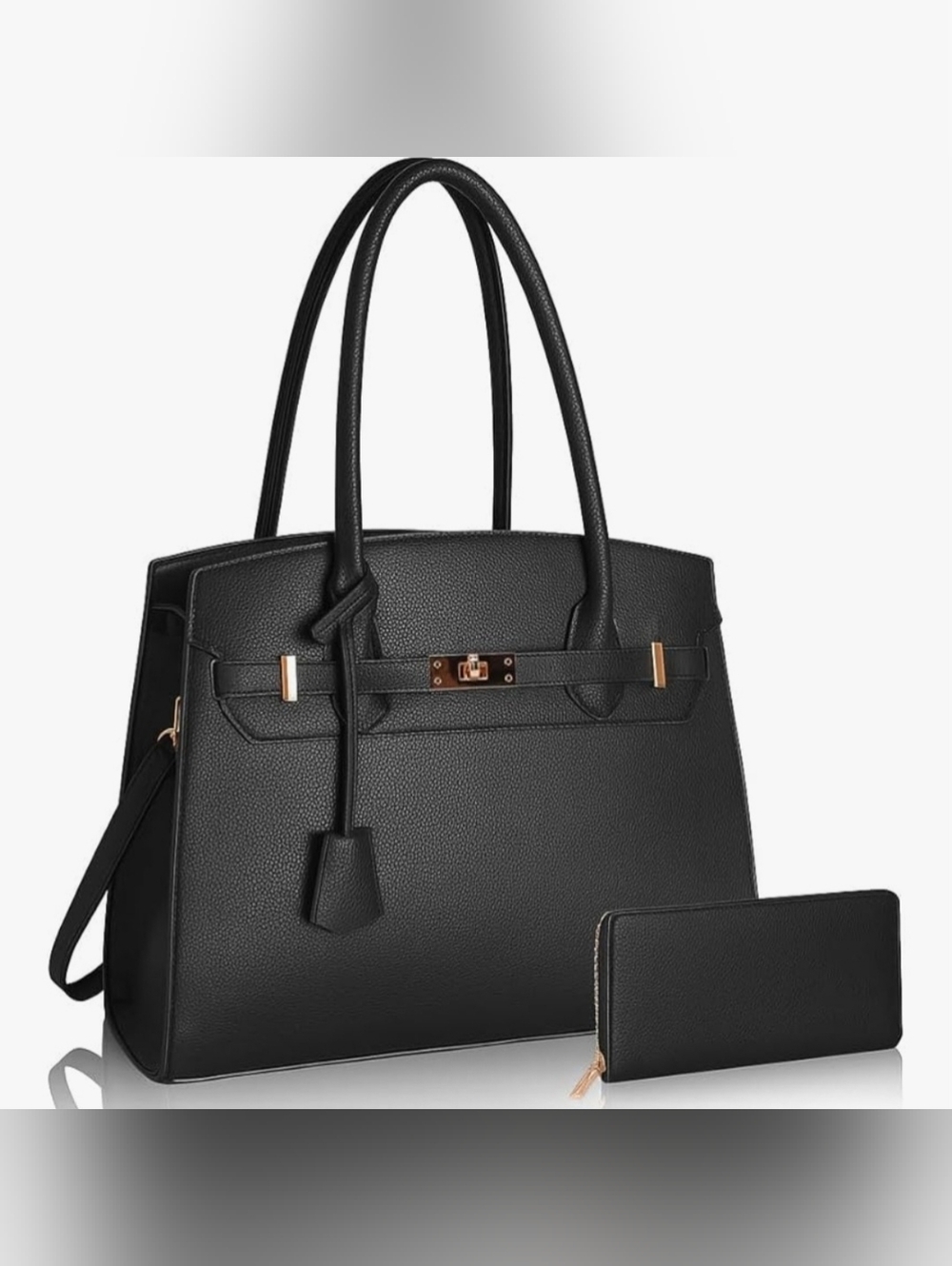 2pcs Classic Black Structured Vegan Leather Satchel Bag And Wallet